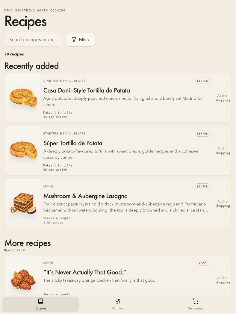 Recipe library with illustrated recipe cards, search, filters and shopping actions
