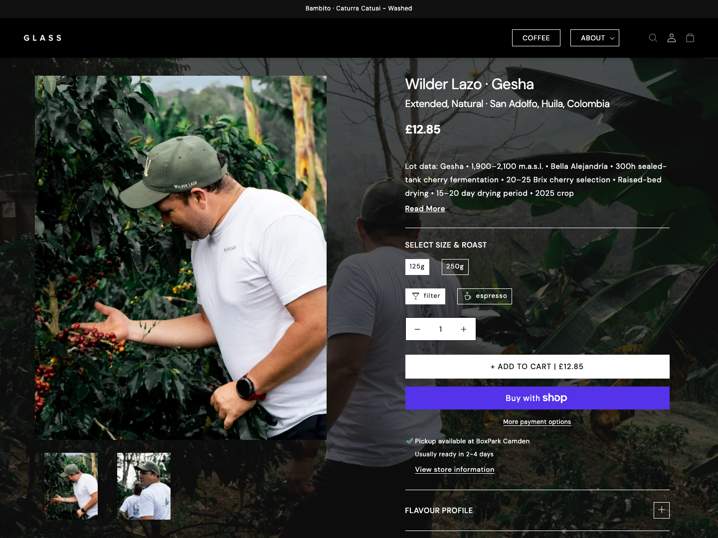 Public Glass coffee product page showing filter and espresso options, size selection, origin, processing and producer information